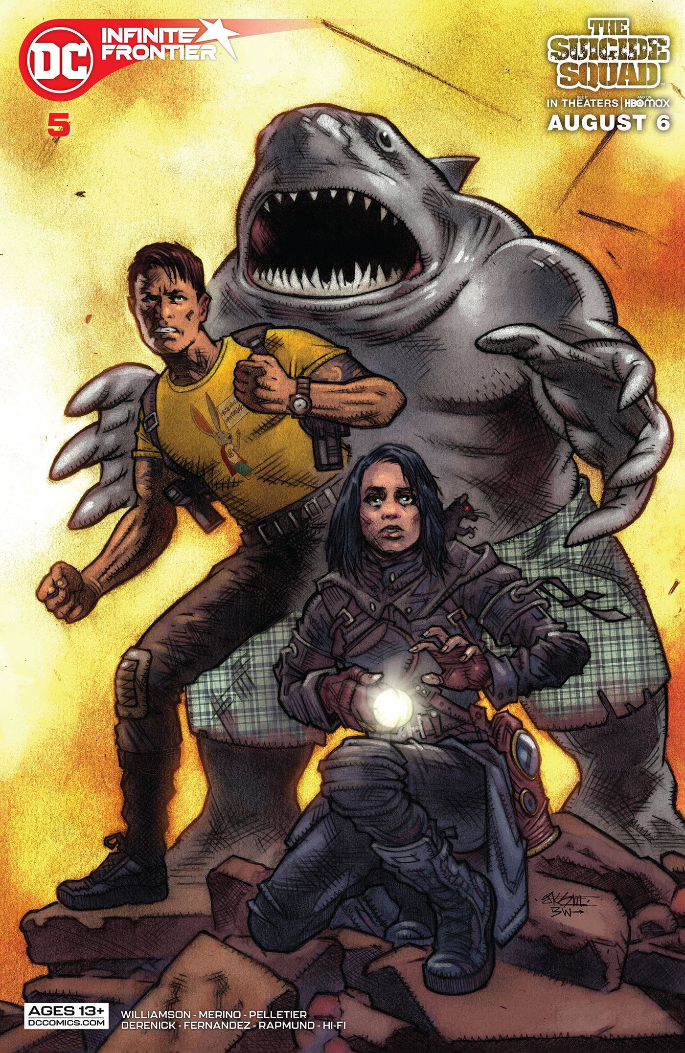 A variant cover for Infinite Frontier #5 shows King Shark, Rick Flag and Ratcatcher #2 from The Suicide Squad movie.