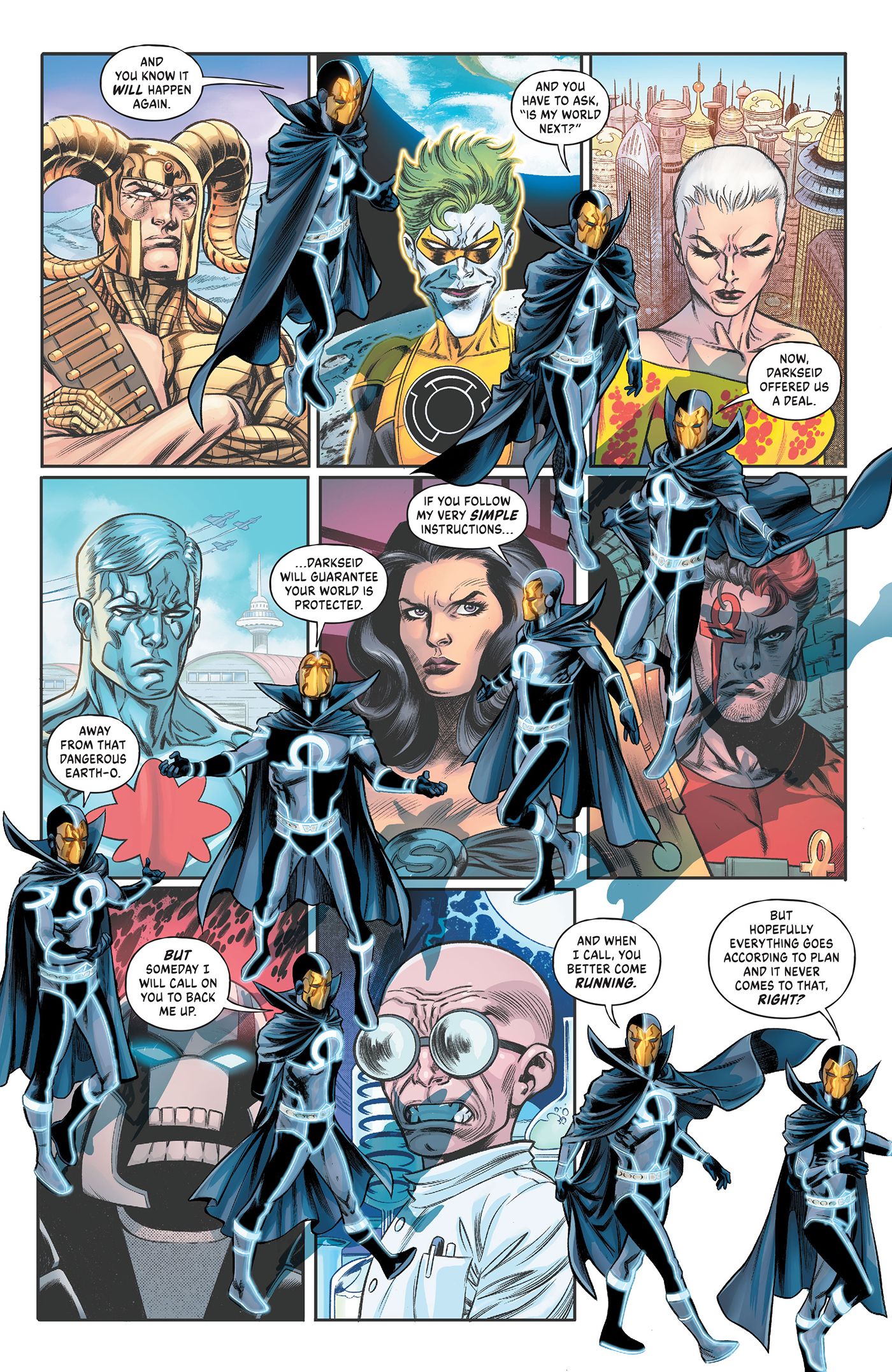 Psycho Pirate speaks to villains across the mutliverse to join Darkseid.