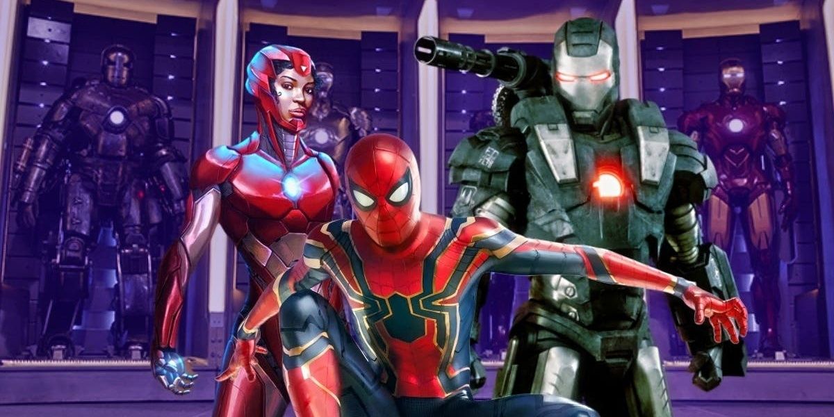 Ironheart, Spider-Man, and War Machine superimposed over Tony's basement with more Iron Man suits