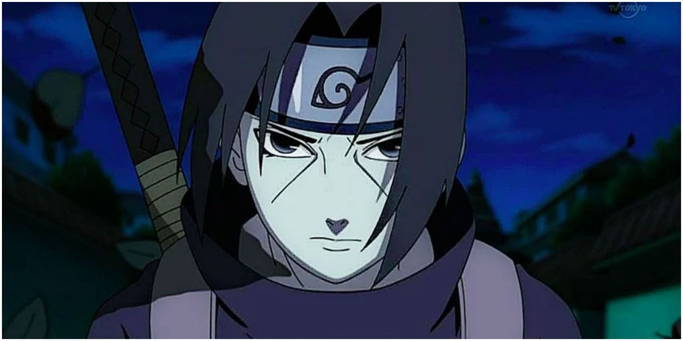Itachi watches the Hidden Leaf at night while in Anbu regalia in Naruto.