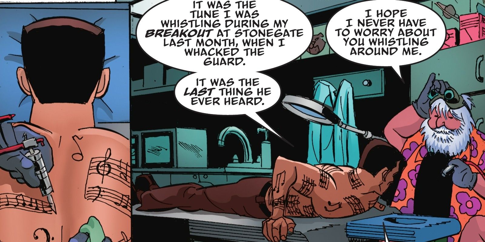 The Jazzman getting a tattoo for each of his murders in Batman: The Adventures Continue Season II #3