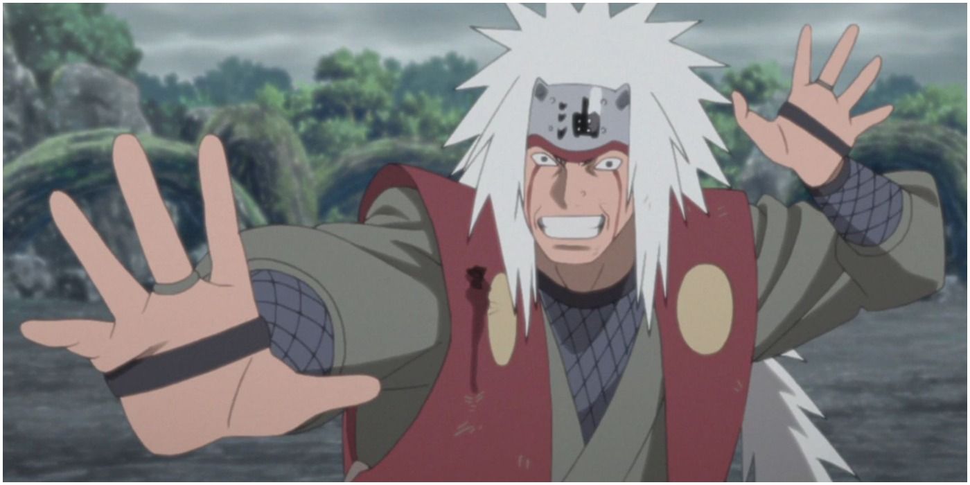 Jiraiya stands in his signature, Kabuki inspired, pose with a wacky look on his face