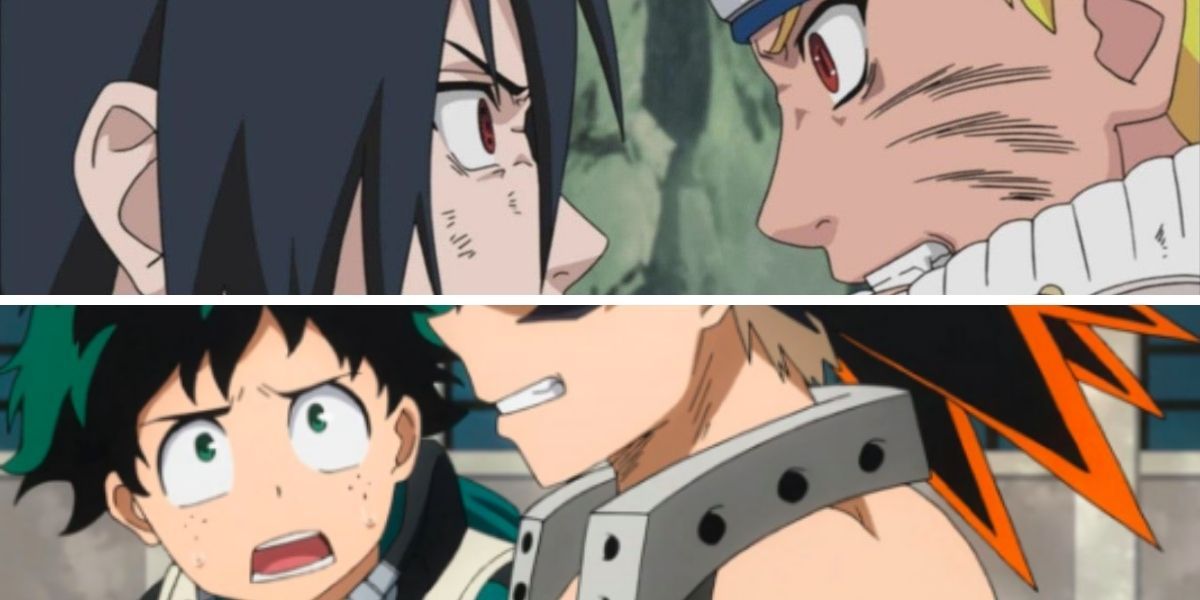 Top image features Sasuke Uchiha glaring at Naruto Uzumaki; bottom image features Katsuki Bakugo reluctantly working with Izuku &quot;Deku&quot; Midoriya