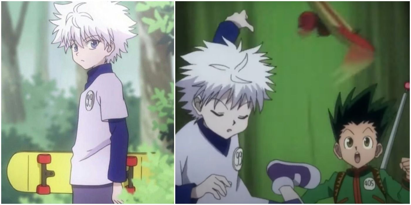 Killua with his skateboard during Hunter Exam &amp; showing Gon a trick