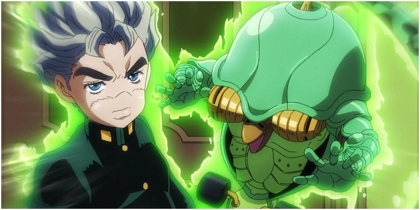 Koichi stands next to Echoes who is emitting green light