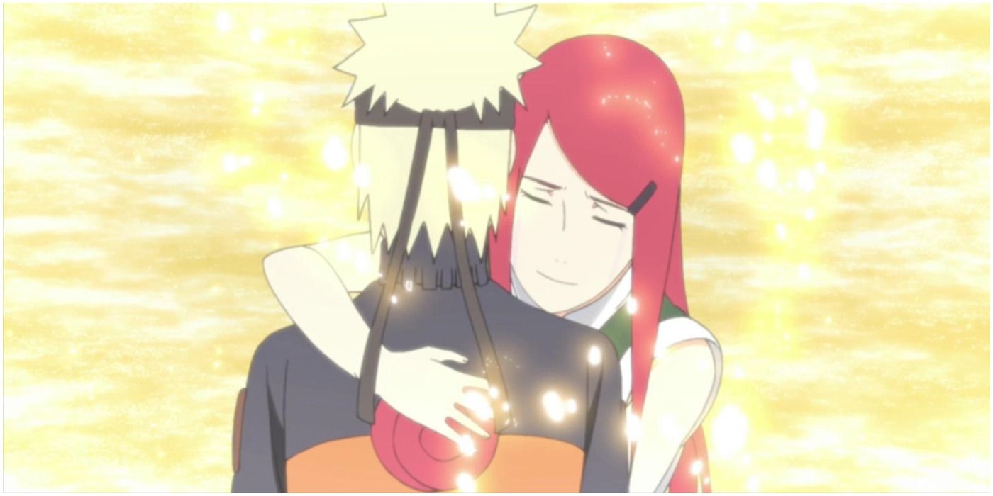 Kushina hugs Naruto in Naruto.