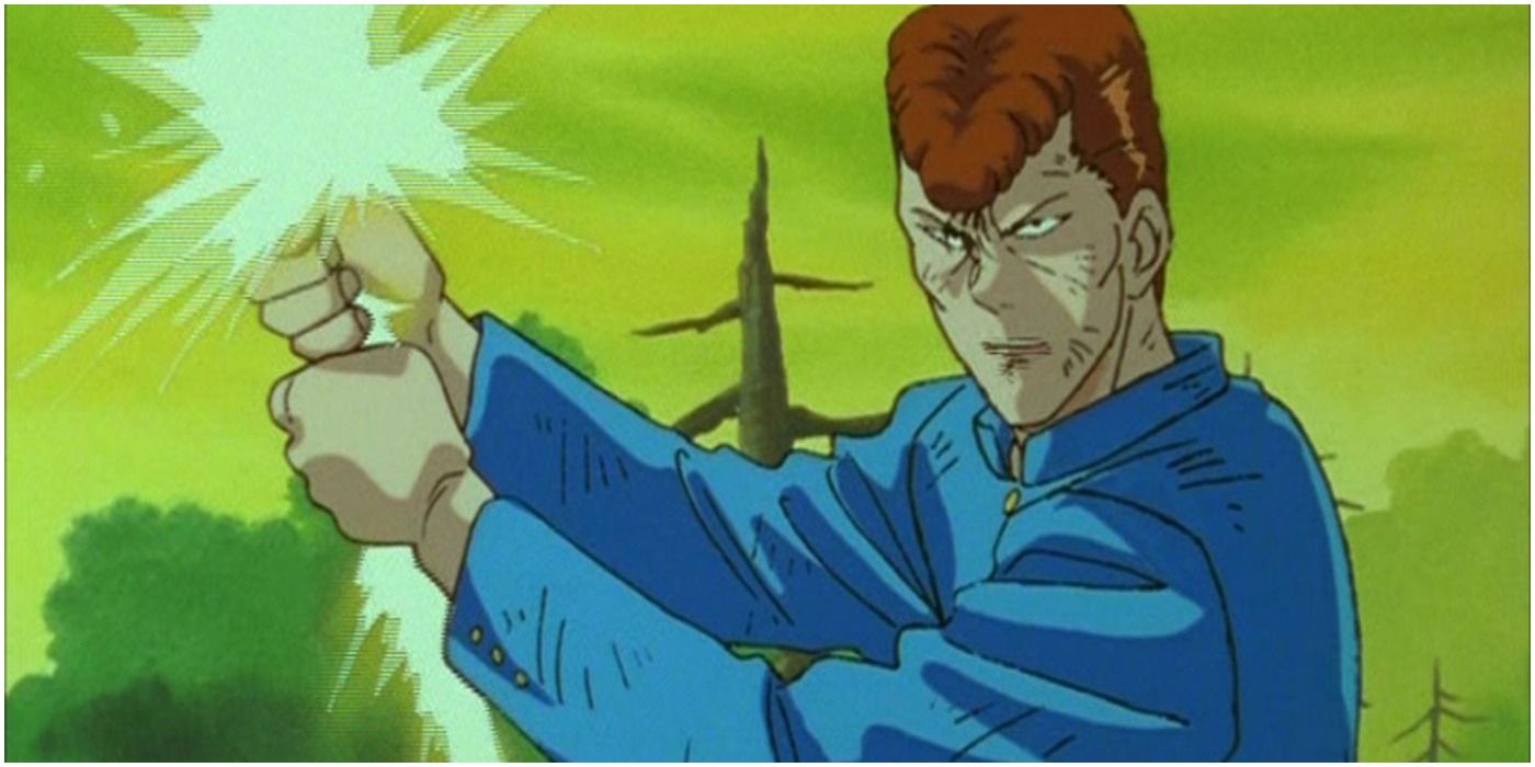 A beat-up Kuwabara holds up his energy sword
