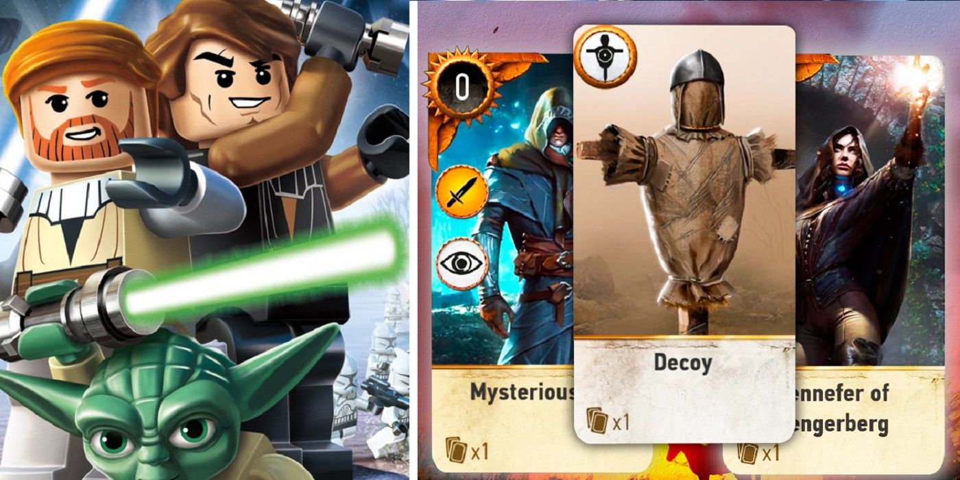 A split iamge with Lego Star Wars on the left and Witcher Card Game on the right
