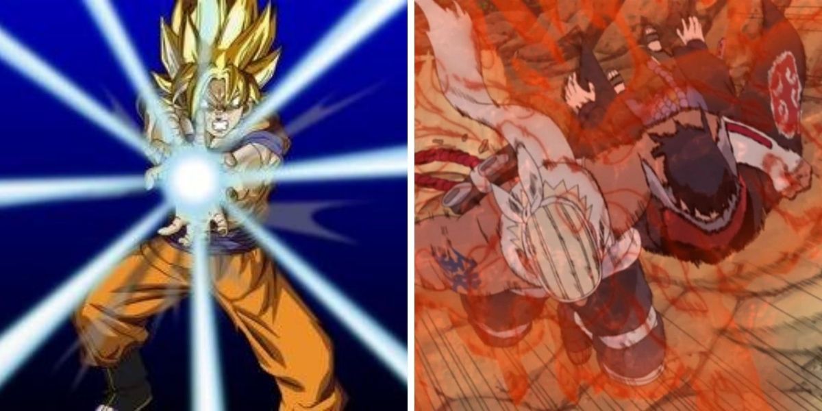Left image features someone using the Kamehameha; right image features A attacking Sasuke Uchiha with the Lariat