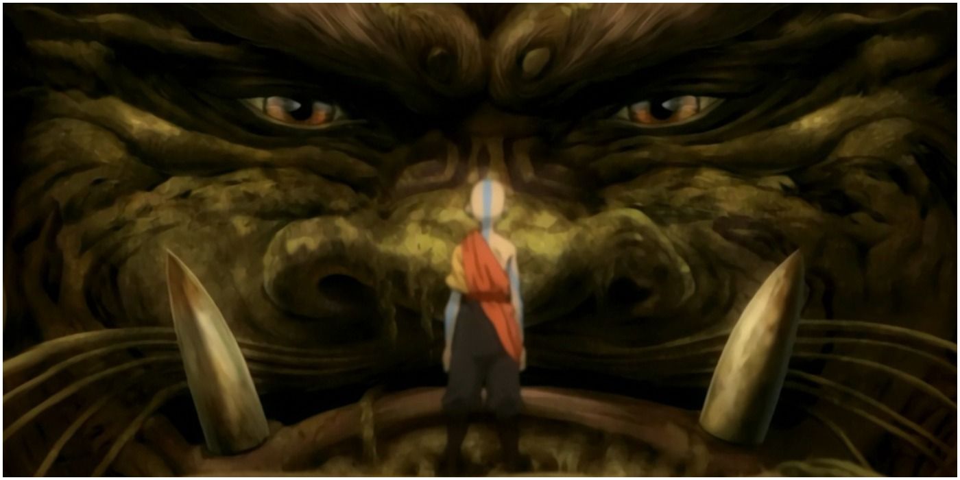 The Lion Turtle stares at Aang who stands in its palm