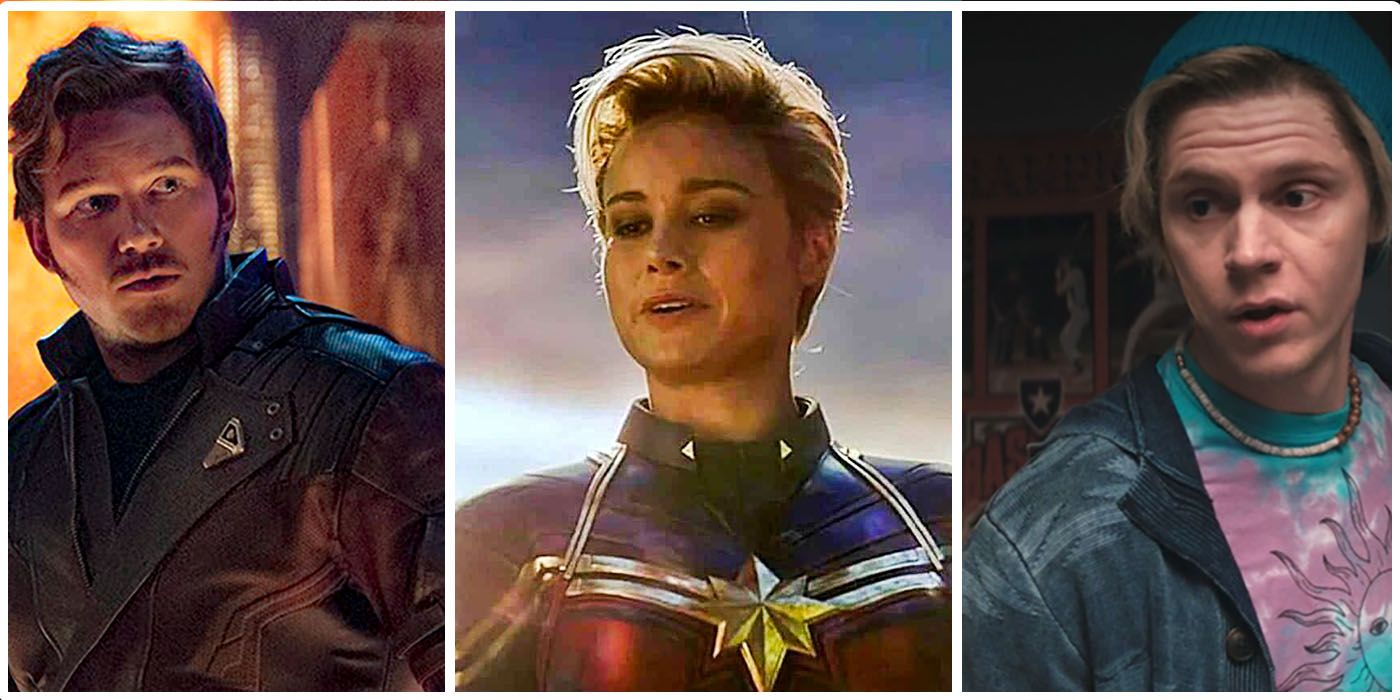 Three panels, left to right. The first is Peter Quill in gold light, looking over his shoulder. The second is Captain Marvel from Avengers: Endgame. The sky behind her is glowing. The third is Ralph Bohner from WandaVision, wearing a cap and a tie dye shirt.