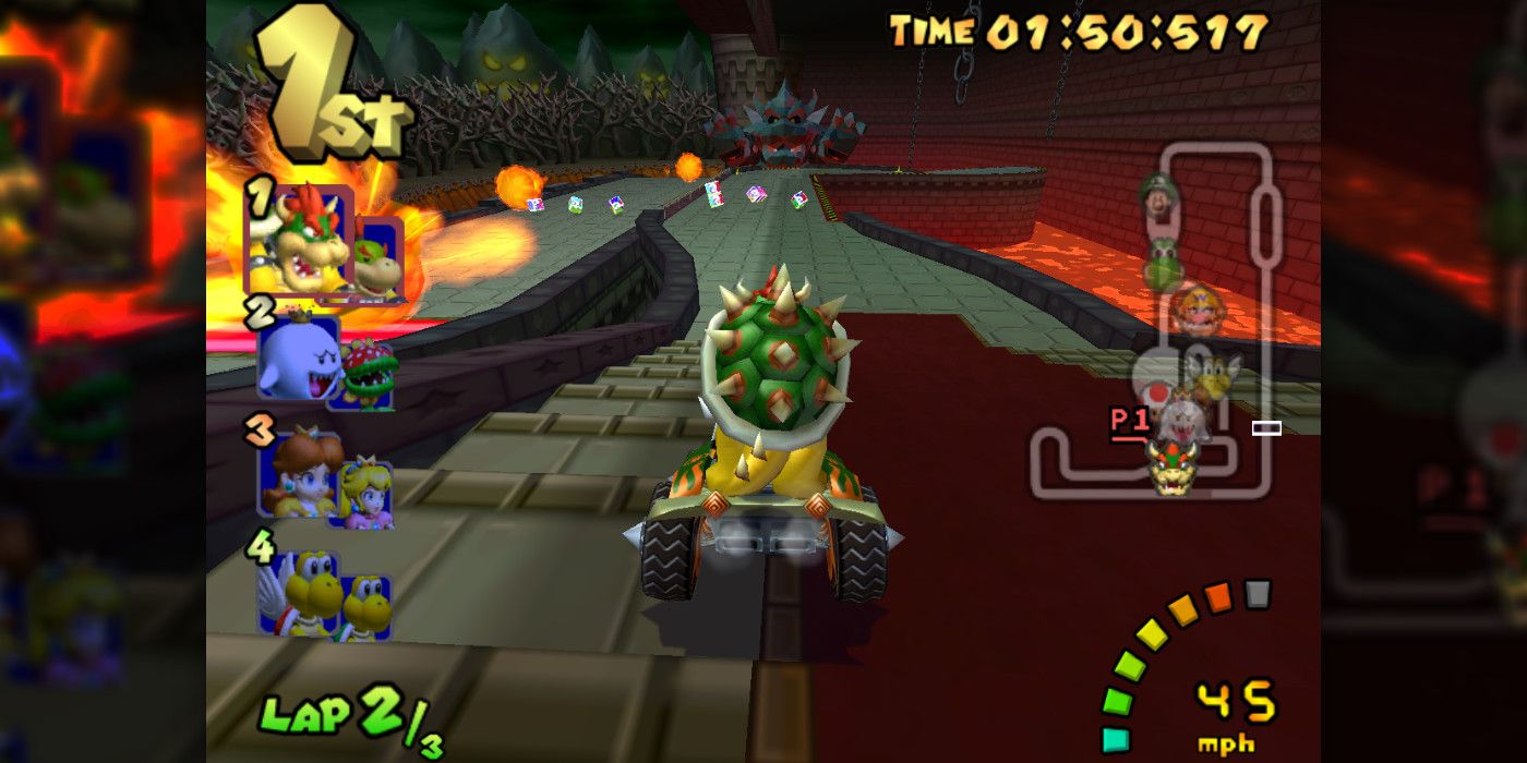 The GameCube version of Bowser's Castle from Mario Kart