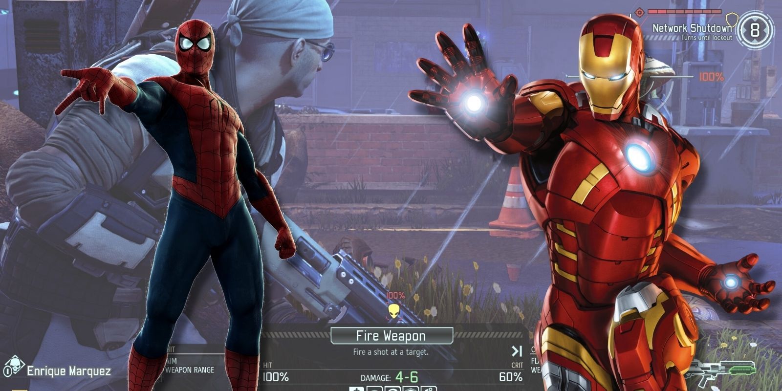 Spider-Man and Iron-Man positioned on top of a screenshot of XCOM 2