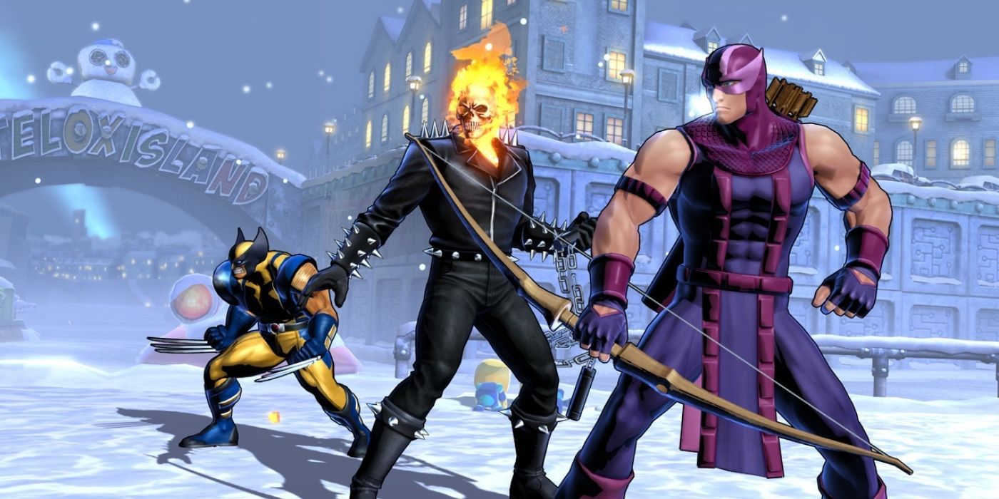 Hawkeye, Ghost Rider and Wolverine preparing to fight in a snowy arena in Marvel vs Capcom 3