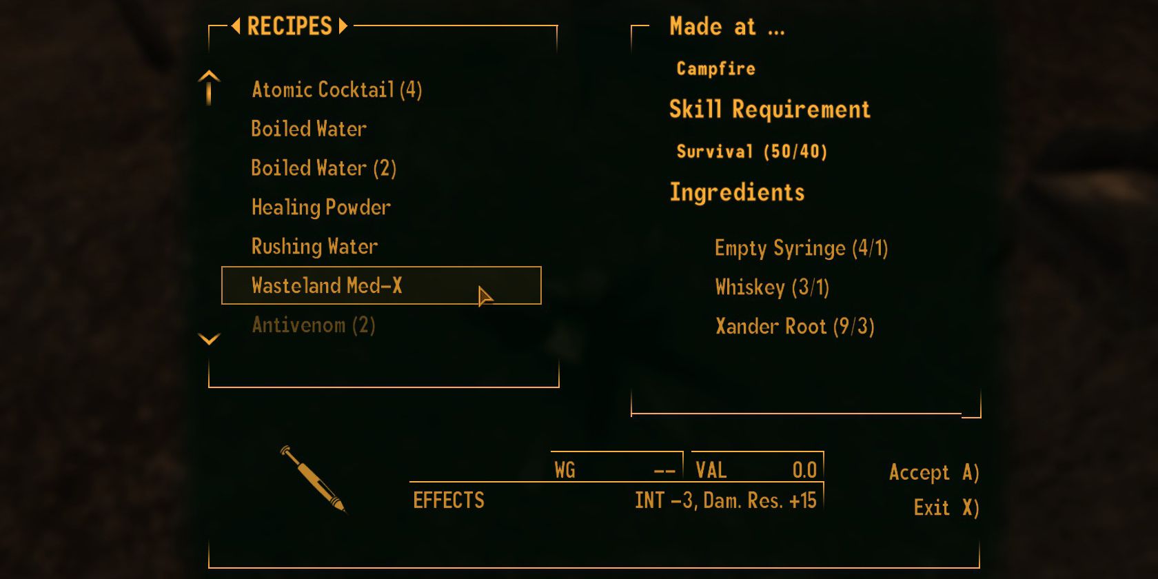 Fallout 3 Inventory with Med-X highlighted
