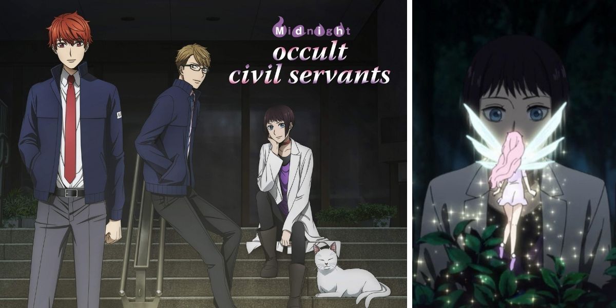 Left image features the promo image for Midnight Occult Civil Servants; right image features the characters talking to a fairy