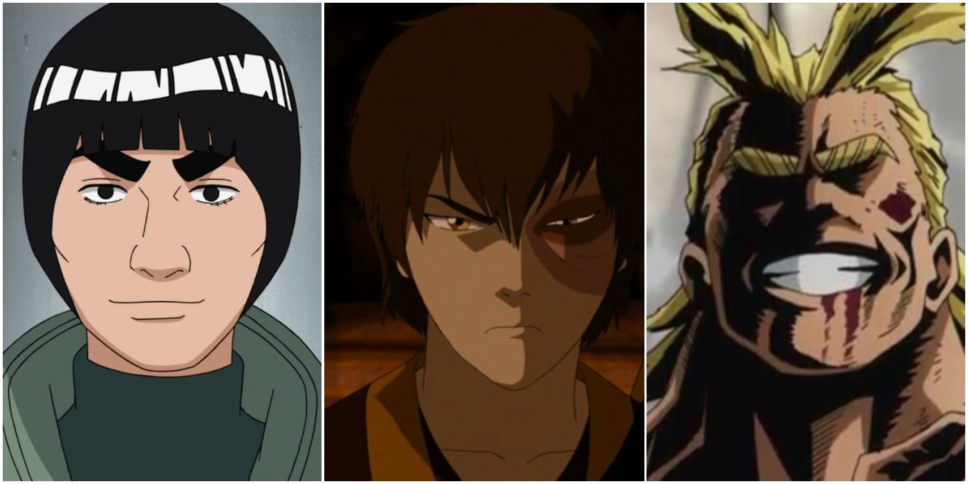 Might Guy (left); Zuko scowling (center); All Might bloodied (right)