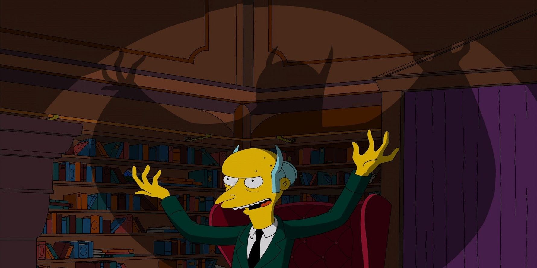 Mister Montgomery burns the Simpsons sitting on a chair.