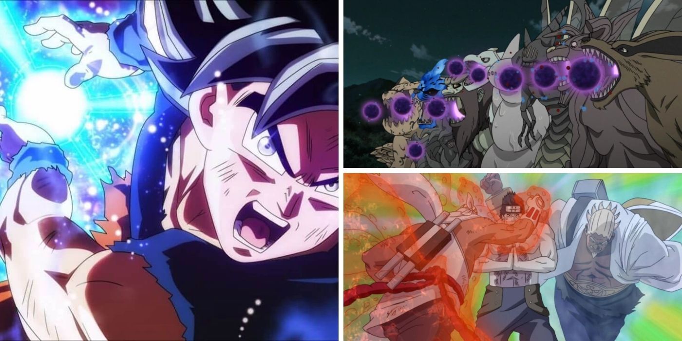 Left image features Goku using the Kamehameha; top right image features all the Tailed Beasts creating Tailed Beast Balls and bottom right image features A and Killer Bee killing Kisame Hoshigaki with a Double Lariat Jutsu
