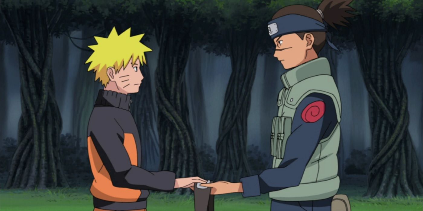 Iruka and giving Naruto his dropped headband in Naruto: Shippuden.