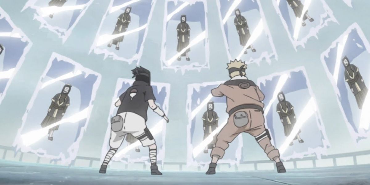 Naruto and Sasuke trapped by Haku in Naruto.