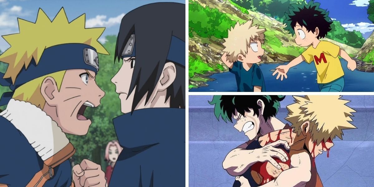 Left image features Naruto Uzumaki and Sasuke Uchiha arguing; right image features Izuku &quot;Deku&quot; Midoriya helping Katsuki Bakugo