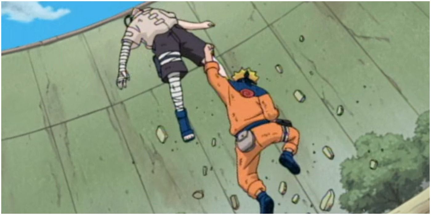 Naruto bursts through the ground and uppercuts Neji during Chunin Exam's third stage