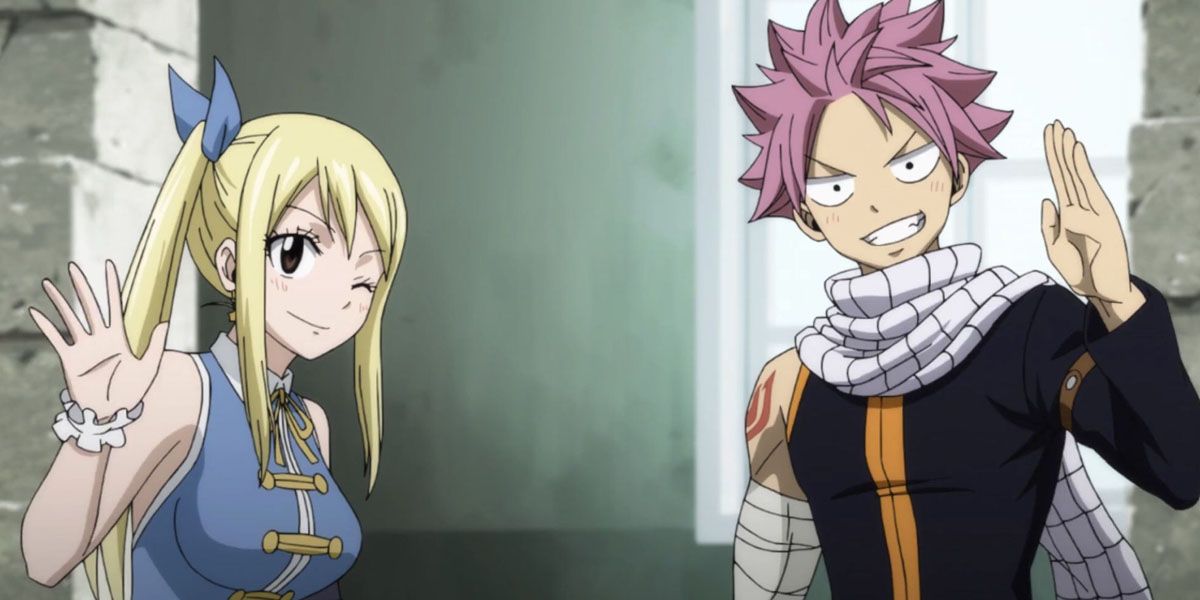 Natsu and Lucy wave