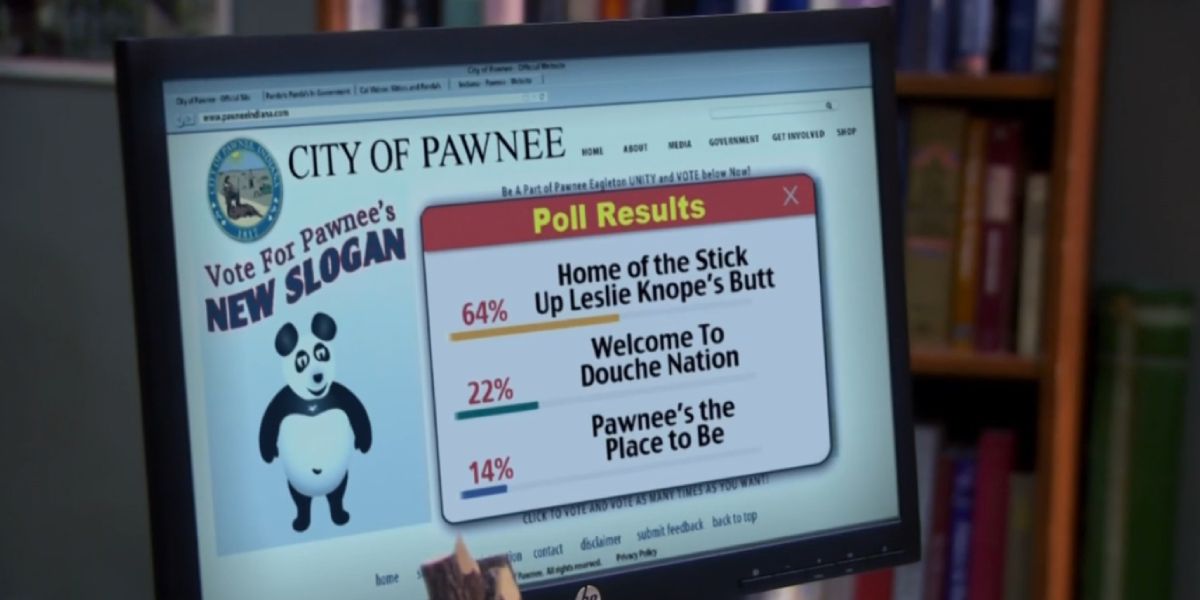 Computer screen of a new slogan for Pawnee in Parks and Recreation