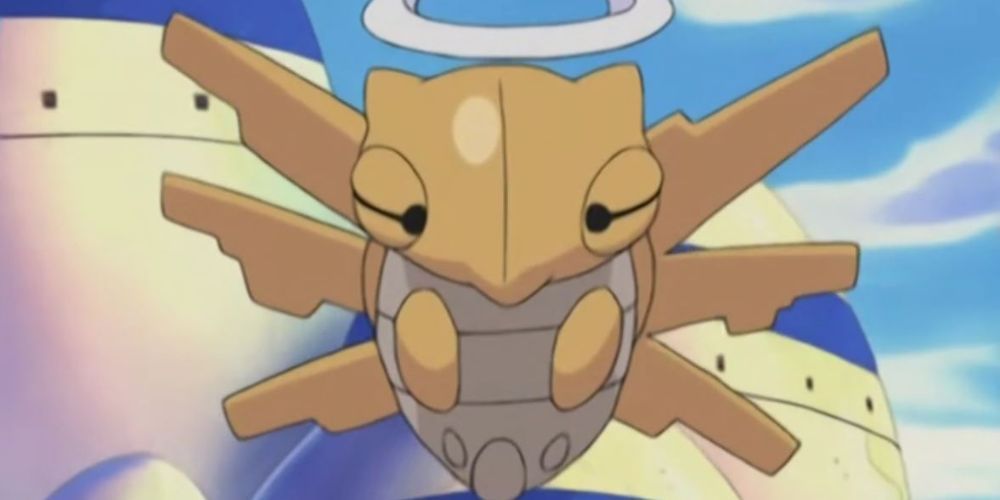 The Pokémon Shedinja hovering against a blue sky.