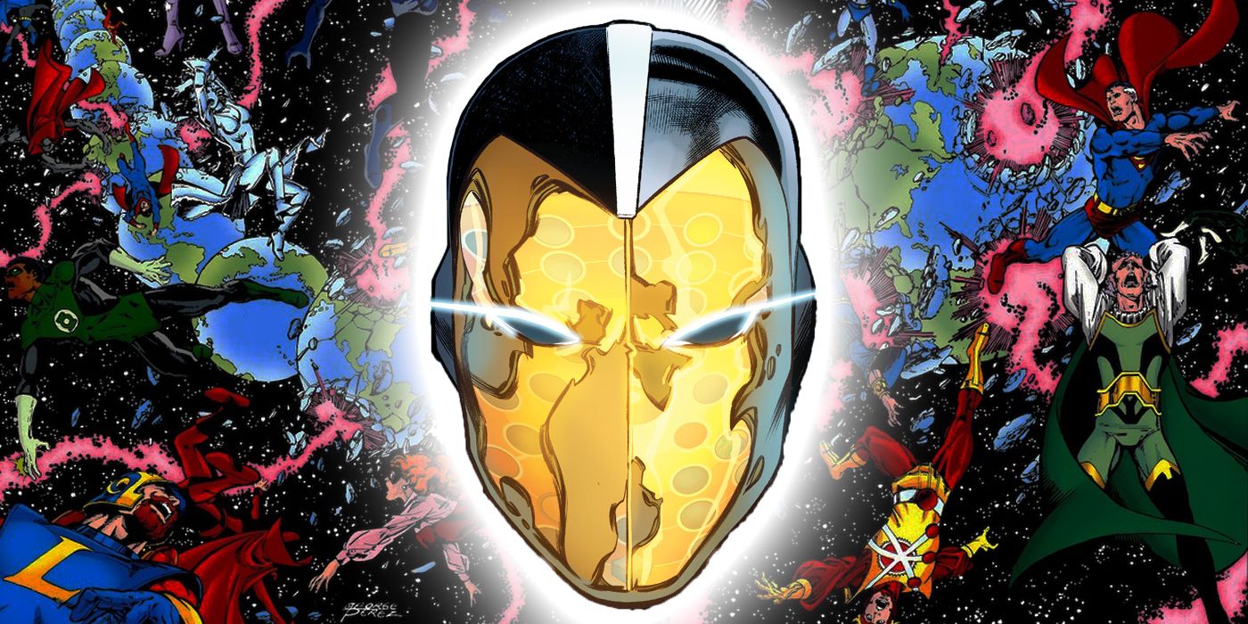 Psycho Pirate's head in front of the cover for Crisis on Infinite Earths #1.