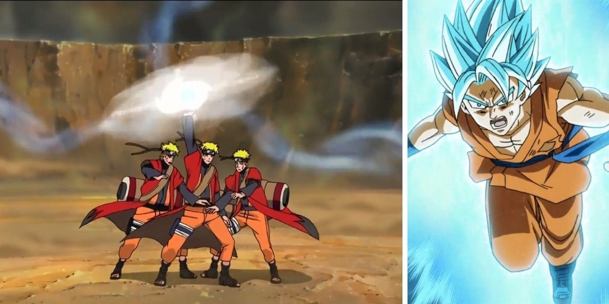 Left image features Naruto using the Rasenshuriken Jutsu; right image features Goku using the &quot;Dash&quot; Kamehameha