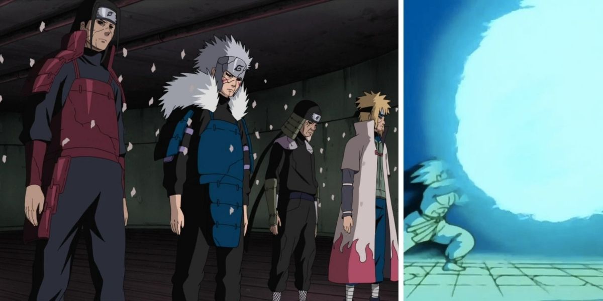 Left image features the Four former Hokage under the Reanimation Jutsu's influence; right image features Goku using the Super Kamehameha