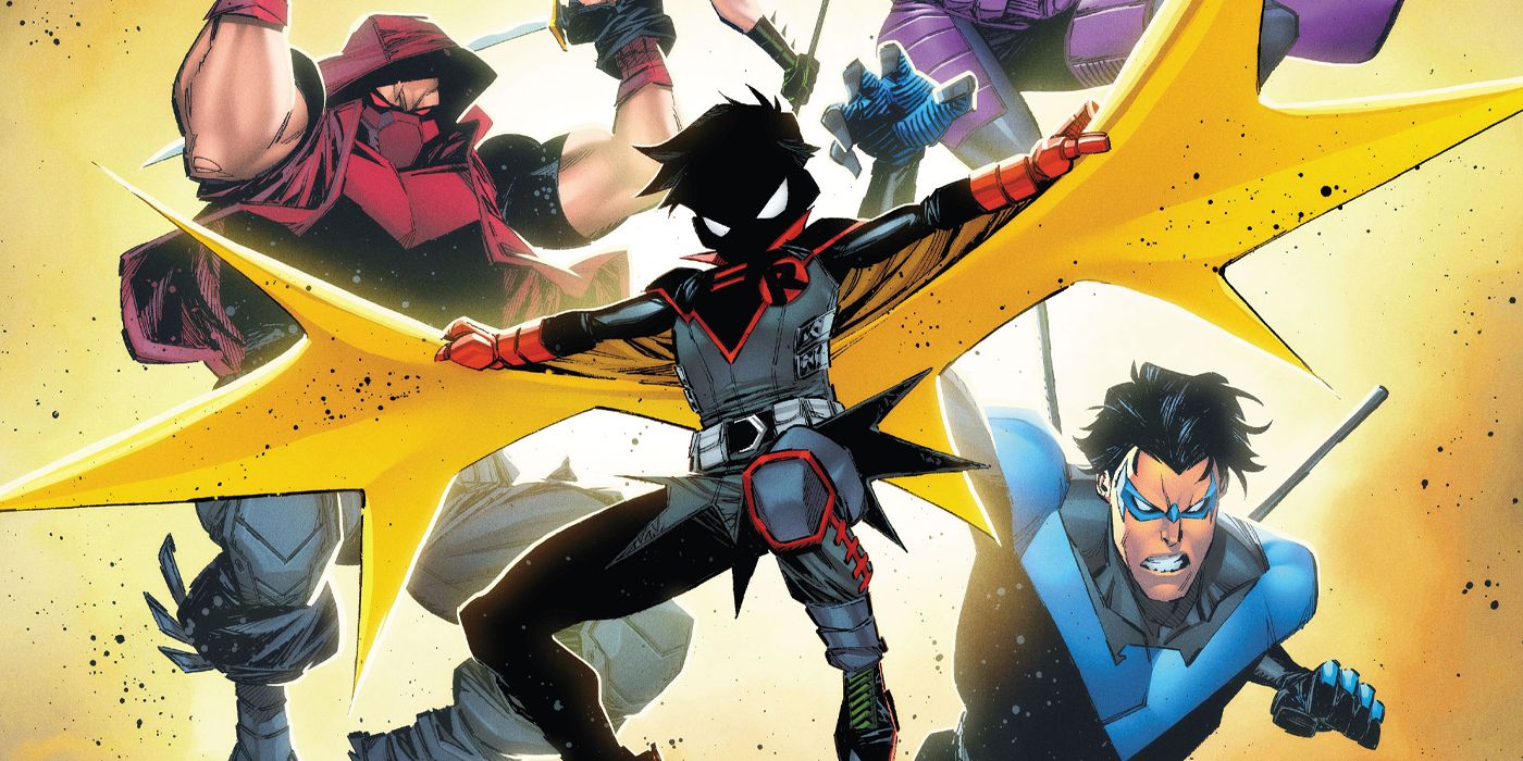 Damian Wayne alongside the Bat Family on the cover of Robin #5.