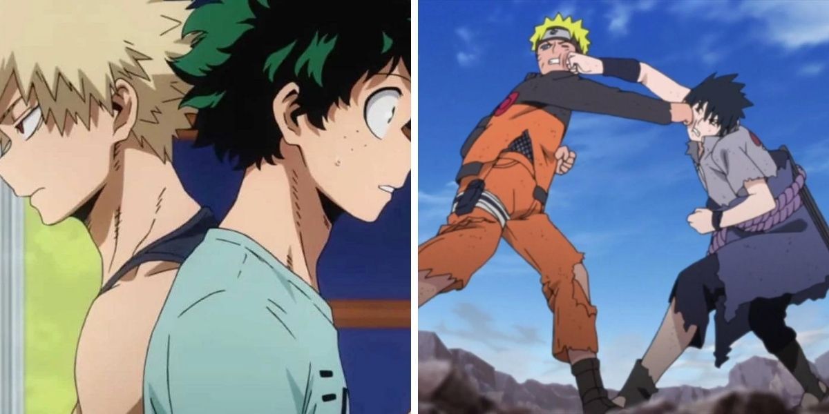 Left image features Katsuki Bakugo and Izuku &quot;Deku&quot; Midoriya passing each other; right image features Naruto Uzumaki and Sasuke Uchiha fighting each other