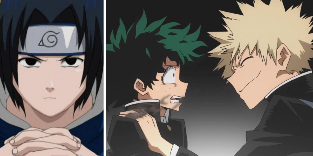 Left image features Sasuke Uchiha sitting by himself; right image features Katsuki Bakugo bullying Izuku &quot;Deku&quot; Midoriya