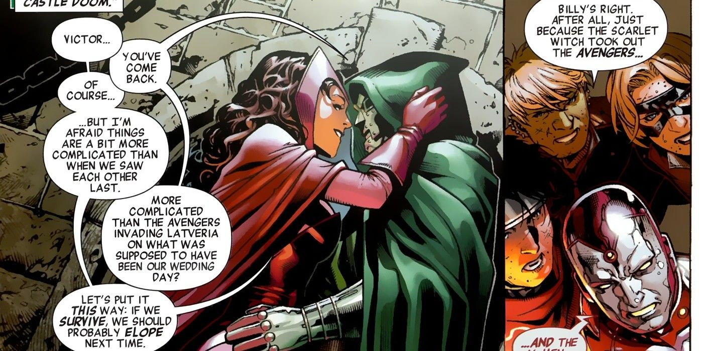 Scarlet Witch and Doctor Doom speaking in front of the Young Avengers in Avengers: The Children's Crusade #7