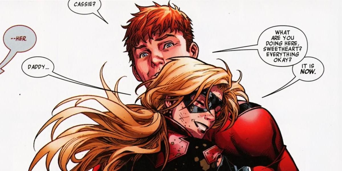 Scott Lang hugs his daughter Cassie after he's rescued from death