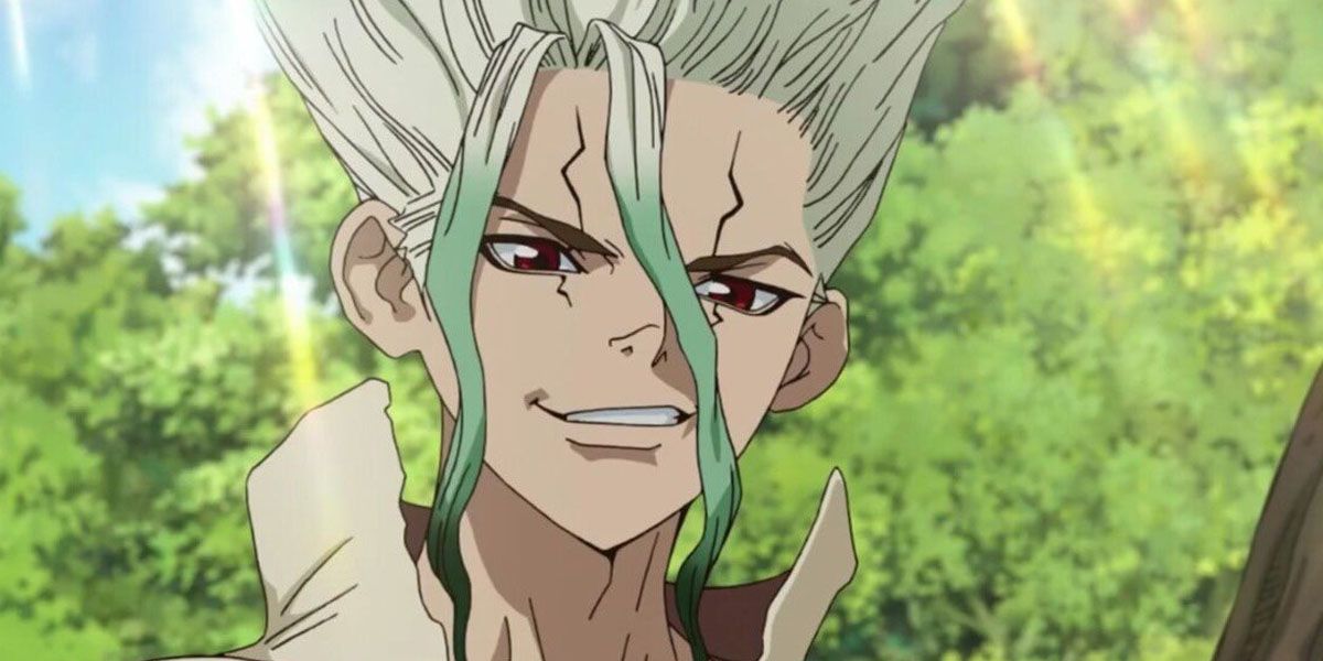 Senku grinning in the forest