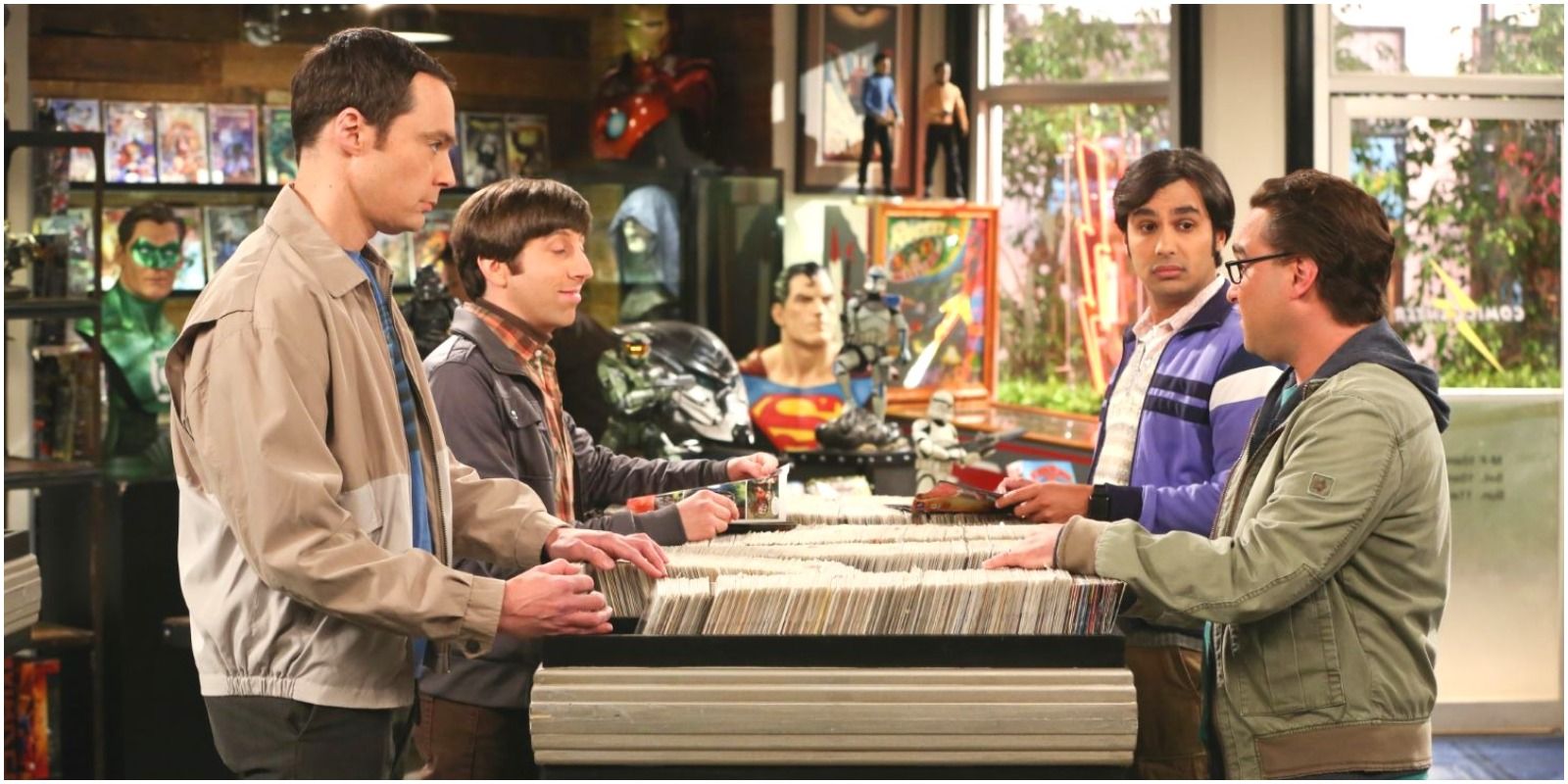 The gang discussing a problem at Stuart's old comic book store from the Big Bang Theory