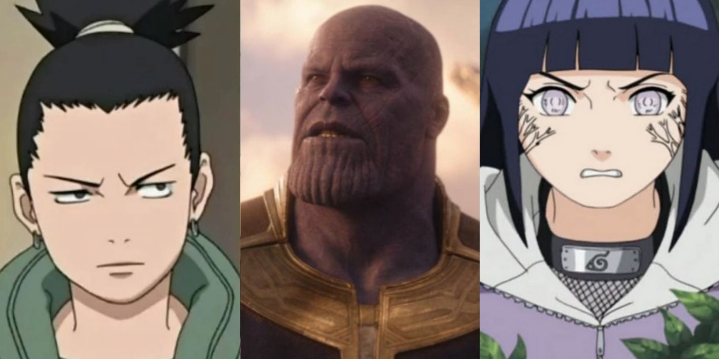 A split image depicts Shikamaru Nara, Thanos, and Hinata Hyuga