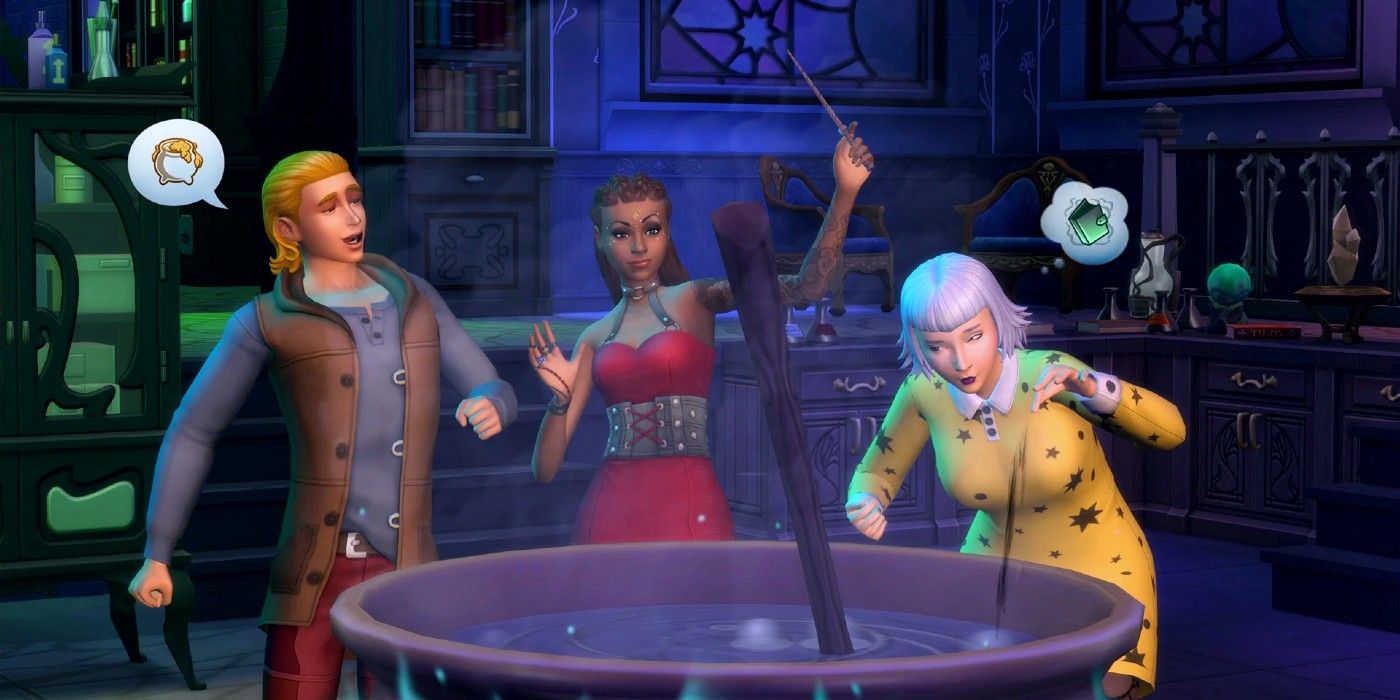 Spellcaster Sims are brewing potions (The Sims 4: Realm of Magic)