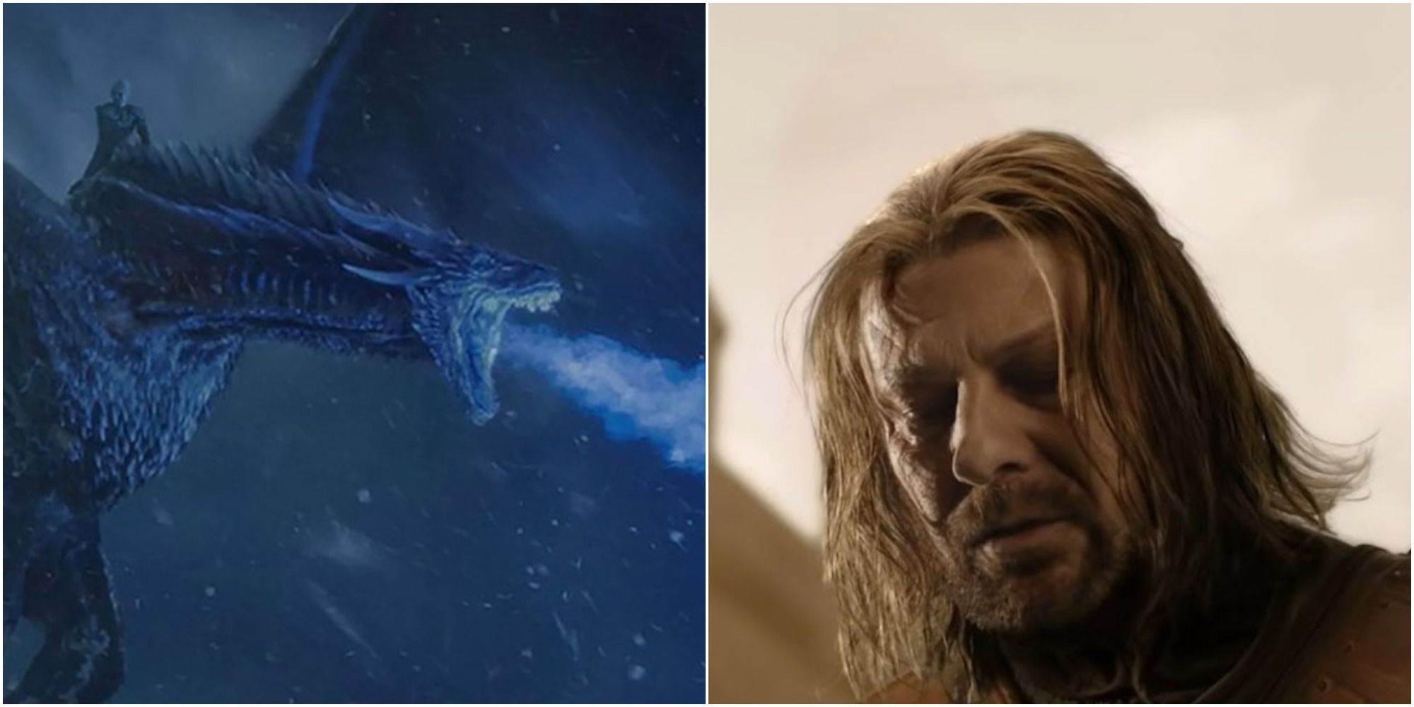 Split Image showing the Night King on Viserion and Ned Stark's execution