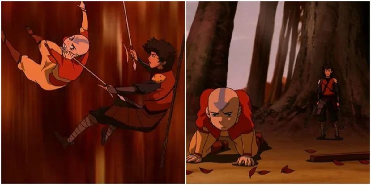 Split image of Aang's fight scenes with Jet