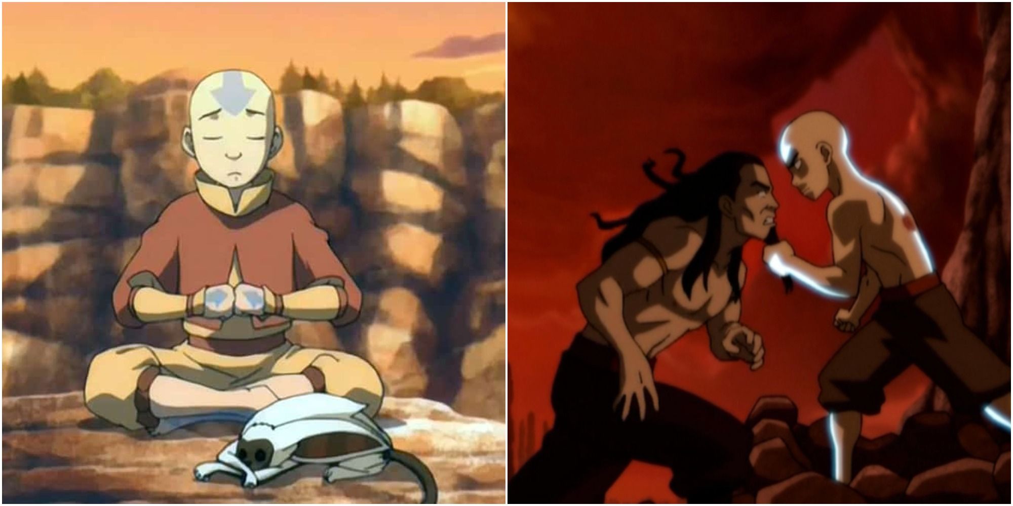 Split image showing Aang, Momo and Ozai
