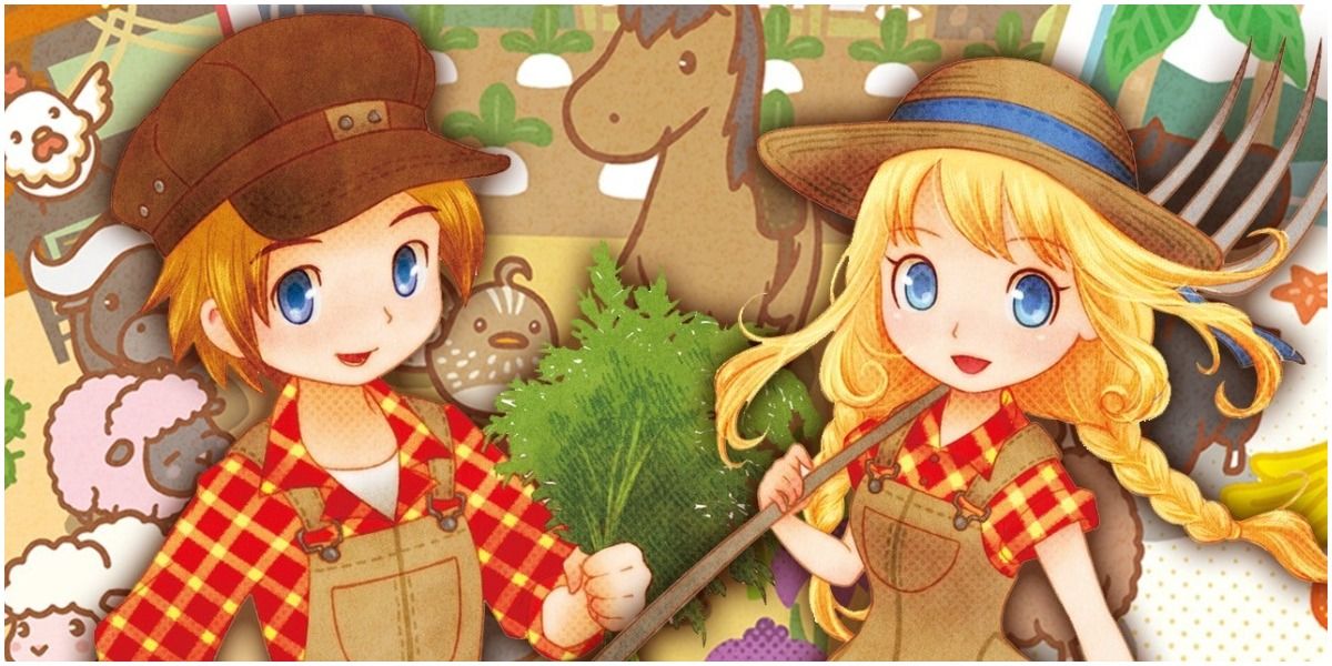 Two characters and farm animals in Story of Seasons Trio of Towns