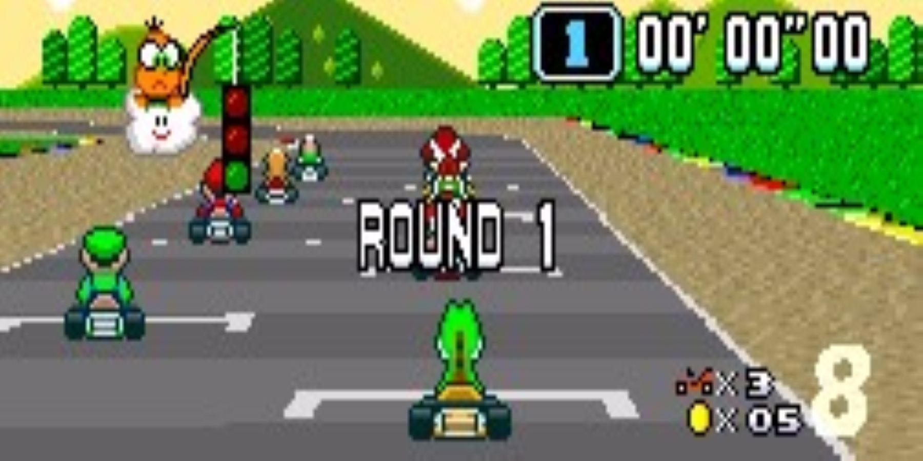 A race begins in Super Mario Kart
