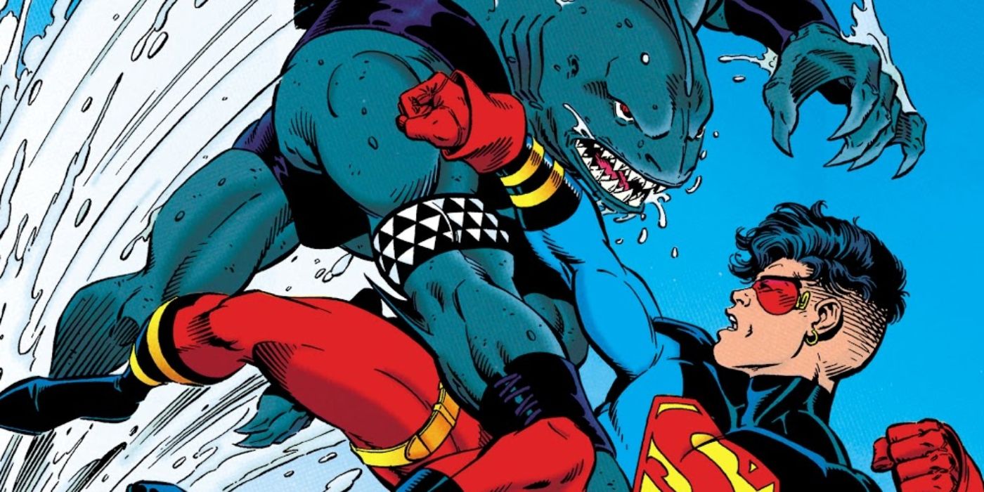 Superboy fighting King Shark on the cover of Superboy #9