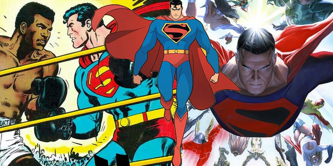 Split image of Superman from various DC comics.