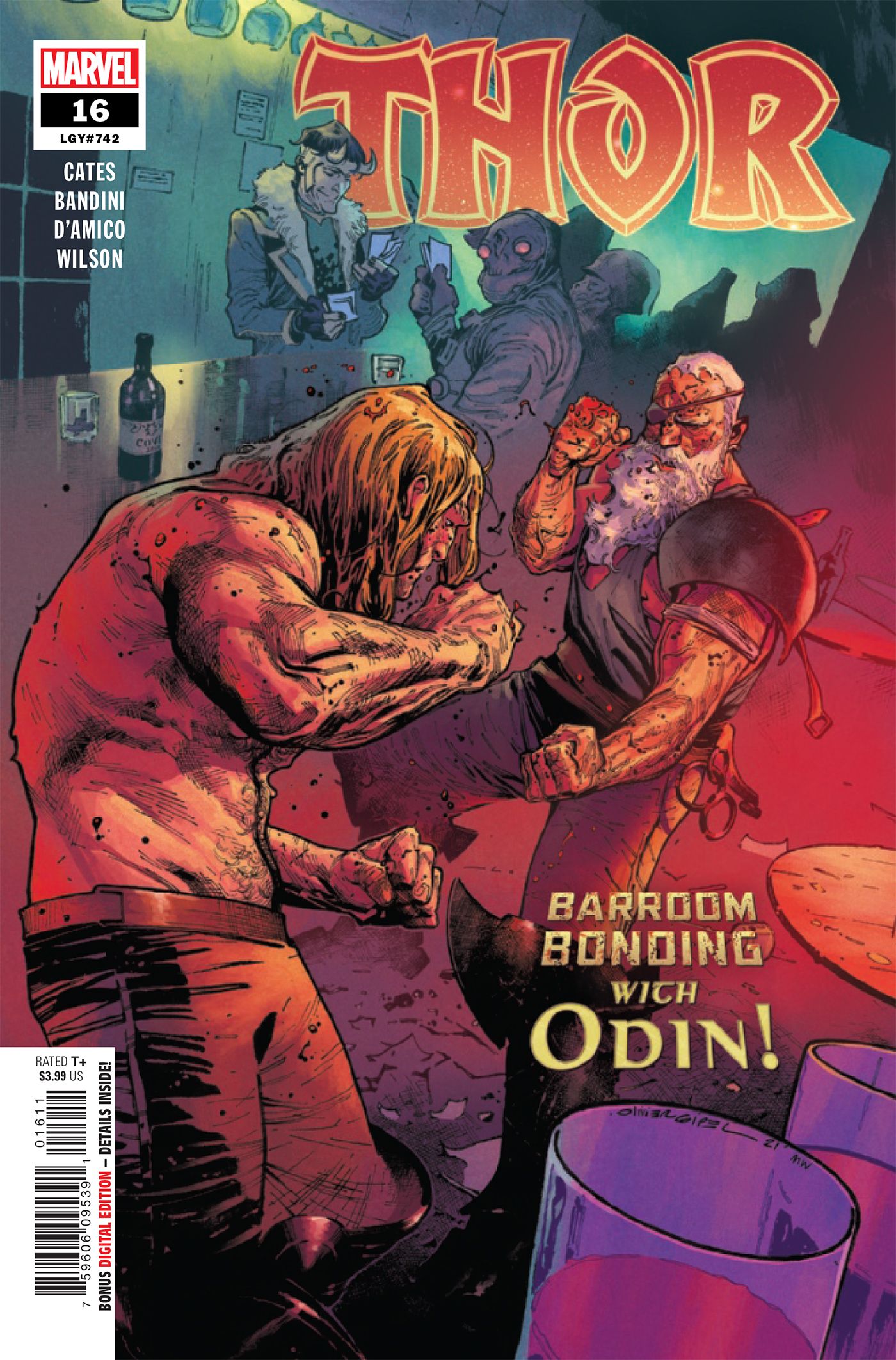 The cover for Thor #16 sees Thor and Odin in a bar brawl.